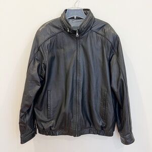 Izod Leather Jacket Mens Extra Large Black Bomber Full Zip Lined Hidden Hood